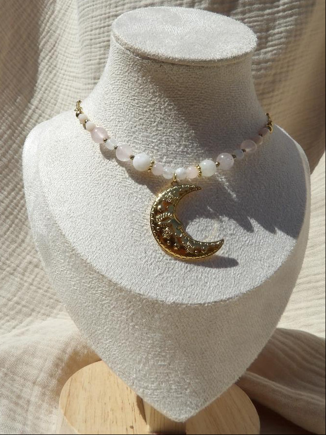 Collier Luna pierre de lune quartz rose bijou lithothérapie fait main