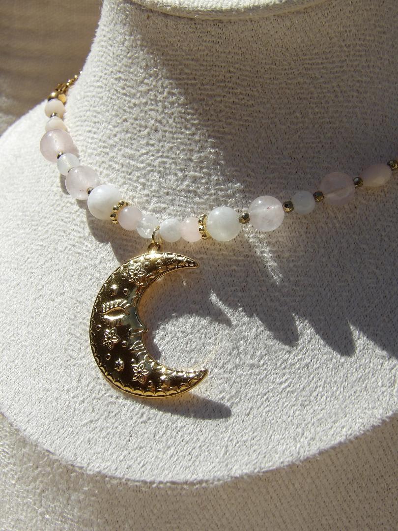 Collier Luna pierre de lune quartz rose bijou lithothérapie fait main
