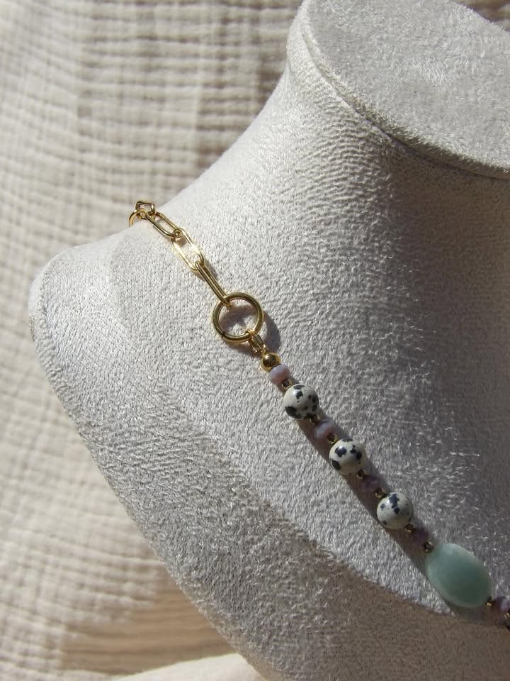 Collier Nerea jaspe dalmatien amazonite bijou lithothérapie fait main