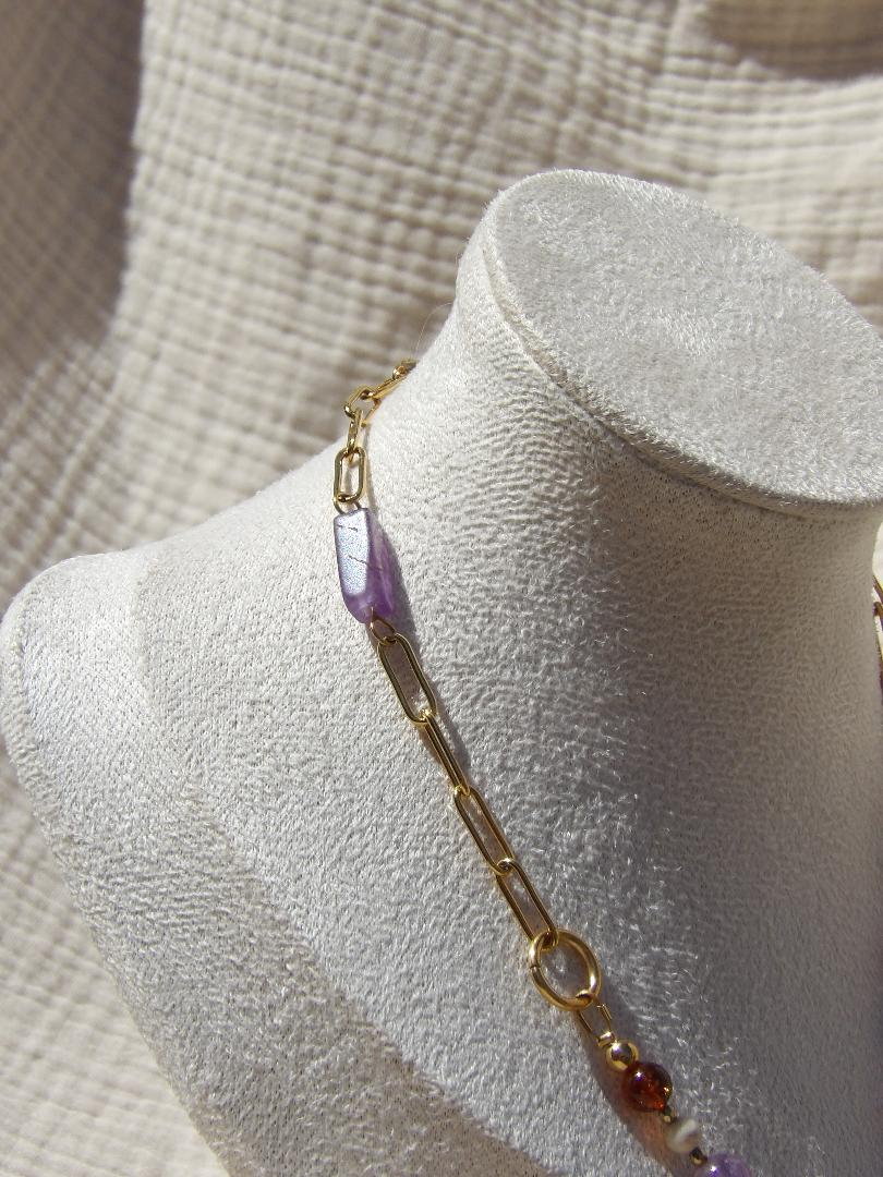 Collier Solea ambre améthyste bijou lithothérapie fait main