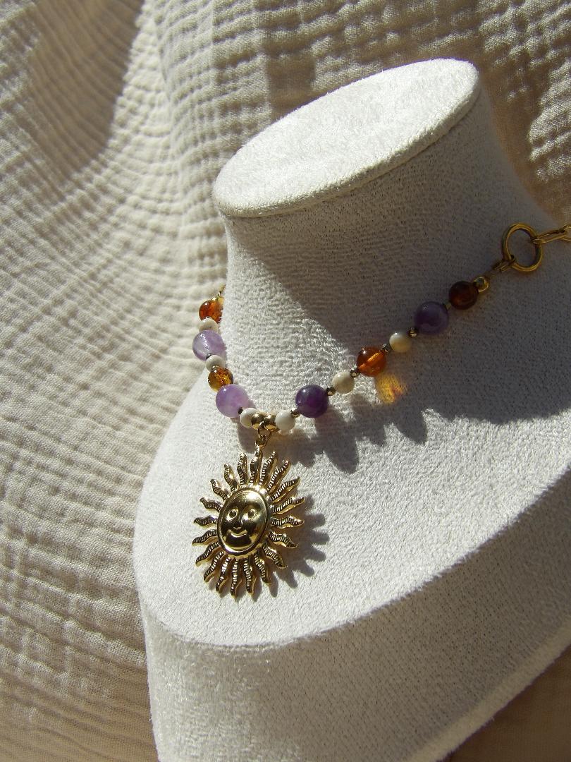 Collier Solea ambre améthyste bijou lithothérapie fait main