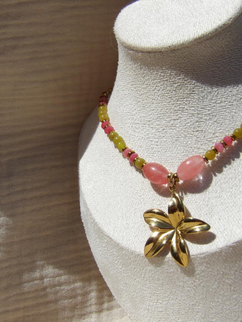 Collier Tahiti - Opale Verte & Jade Rose