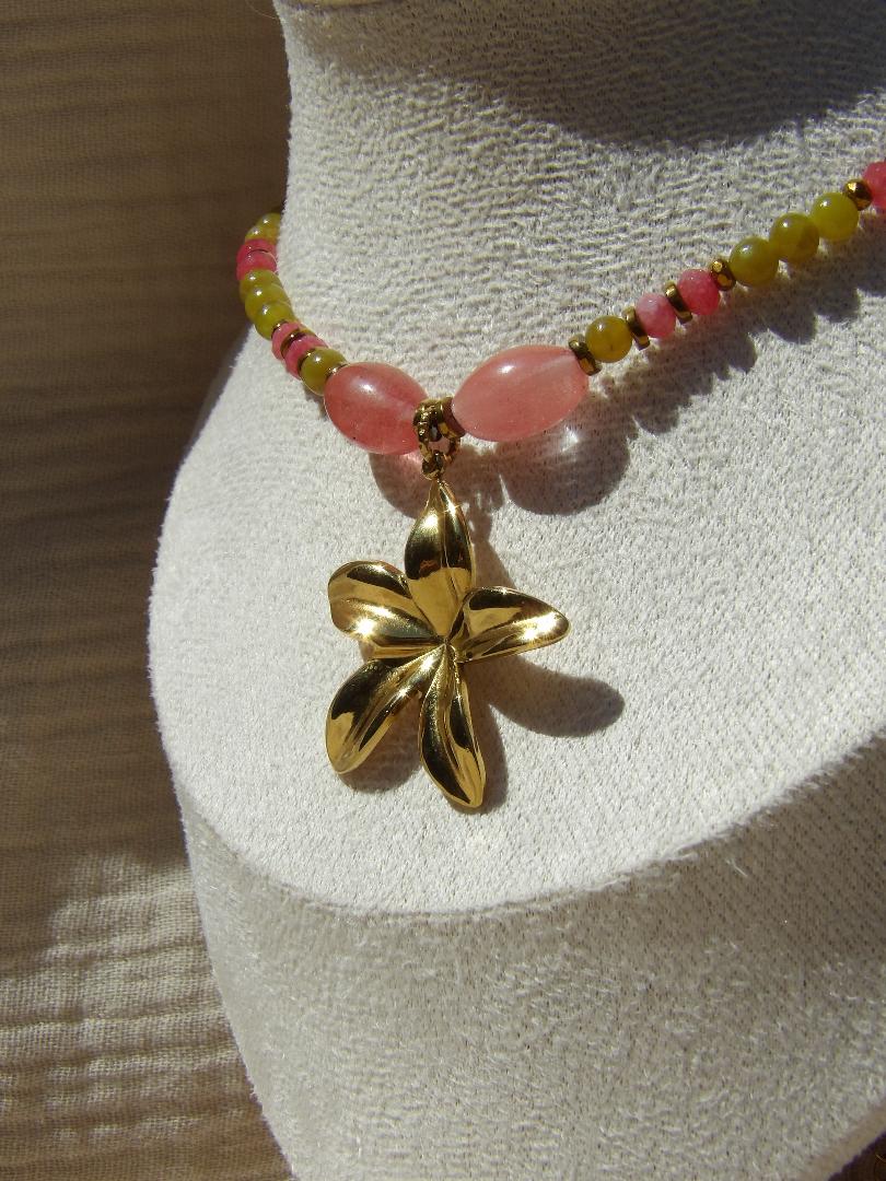 Collier Tahiti - Opale Verte & Jade Rose